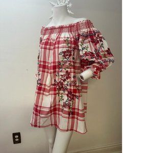 Plaid red white floral embroidered Slavic off-shoulder dress tunic Zara copy NWT